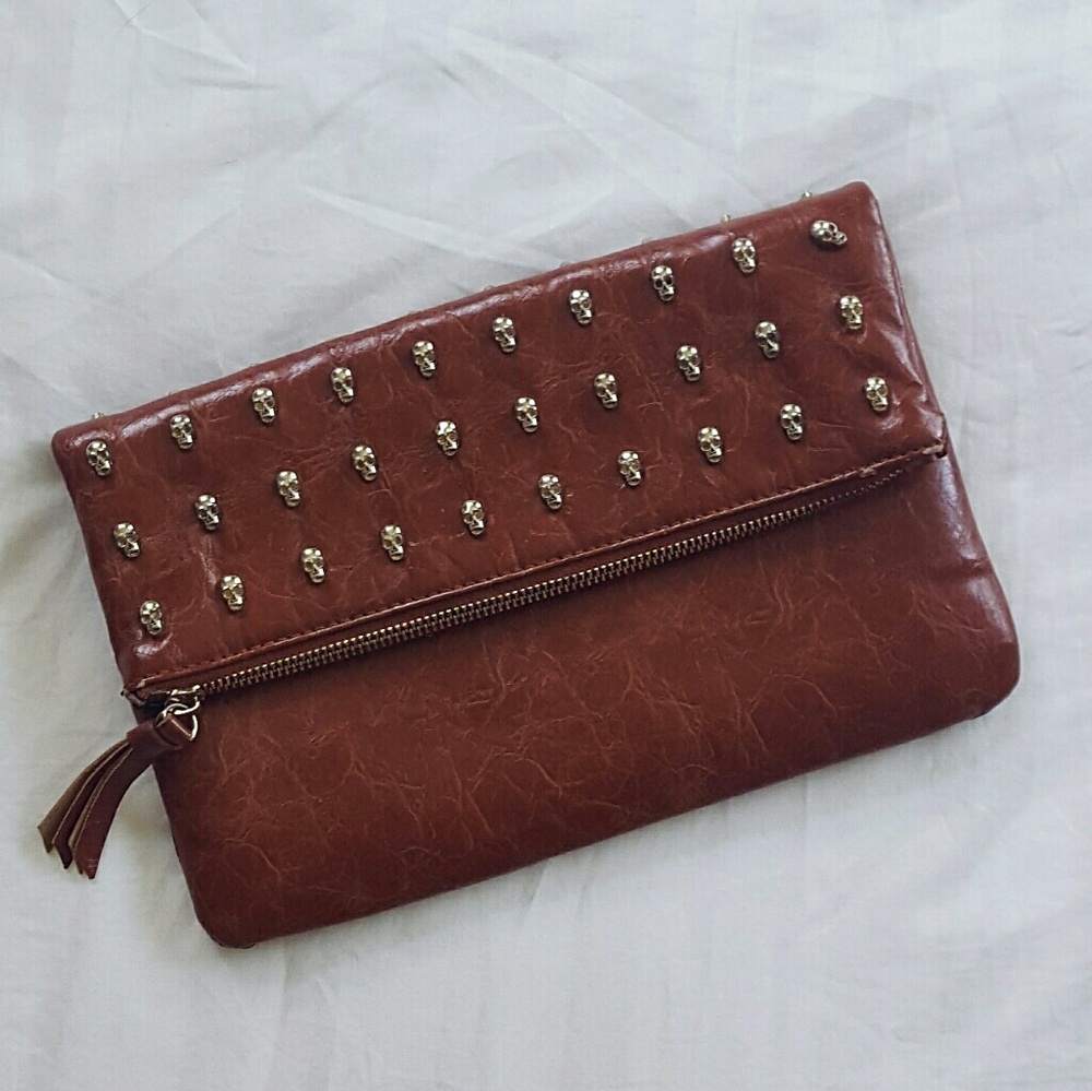 Oversized Tan Leather Skull Clutch